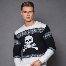 Design a luxurious black and white 'Grim' sweater, ensuring it does not resemble a Christmas jumper. Maintain the blend of Russian gangster influences with high-end elegance, focusing on minimalistic and sophisticated elements.