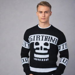 Design a luxurious black and white 'Grim' sweater, ensuring it does not resemble a Christmas jumper. Maintain the blend of Russian gangster influences with high-end elegance, focusing on minimalistic and sophisticated elements.