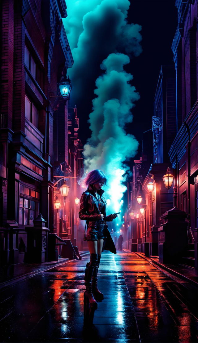 A Ghostpunk world in a hyper-detailed, photorealistic image with cinematic lighting, HDR and HD quality. A woman smoking a cigarette is slightly out of frame. Rendered with Redshift, it's a fine art digital piece reminiscent of Mark Molnar's mystical works. Ghostly figures in punk attire populate this Gothic-futuristic cityscape under a neon-lit night sky.