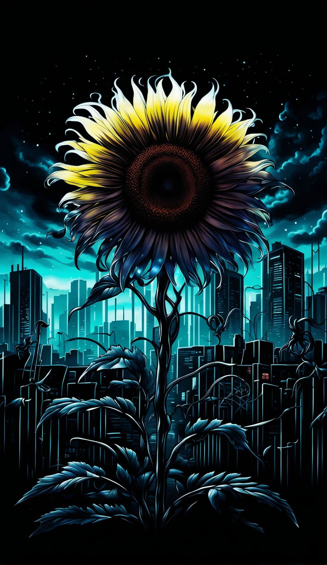 A neon-lit ghostpunk sunflower with a spectral vortex center and chrome stem stands tall in a graffiti-covered cityscape at night. Ghostly punk figures are drawn towards it.