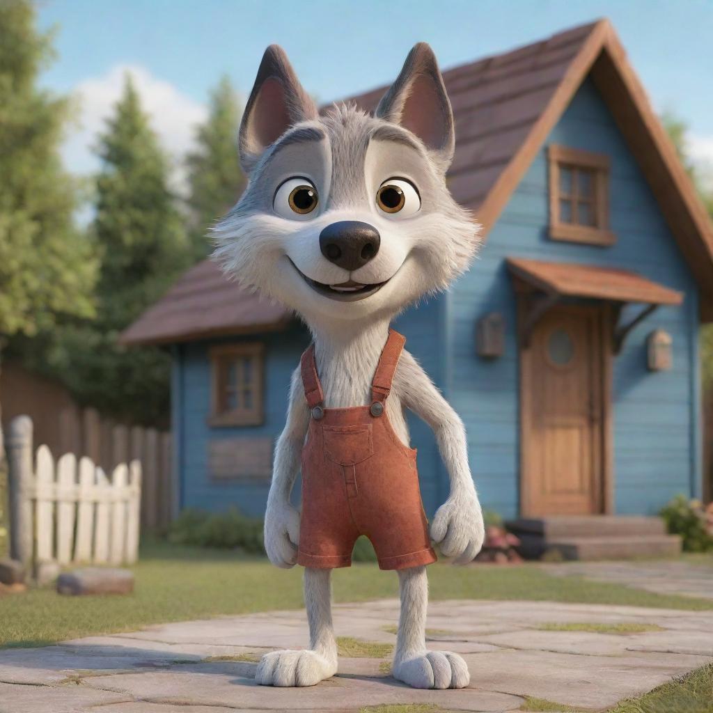 A cute Disney Pixar-style wolf character standing in front of a charming small house