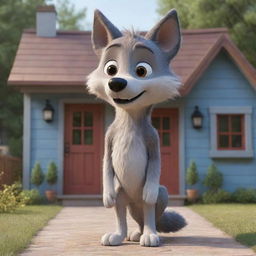 A cute Disney Pixar-style wolf character standing in front of a charming small house