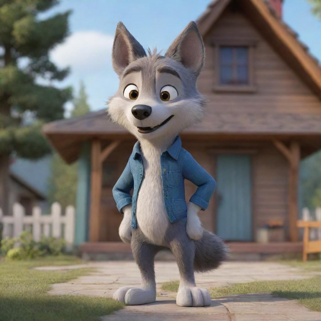 A cute Disney Pixar-style wolf character standing in front of a charming small house