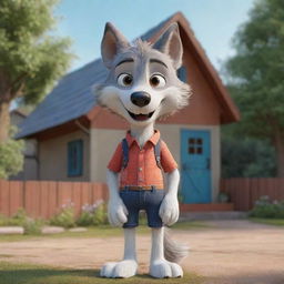 A cute Disney Pixar-style wolf character standing in front of a charming small house