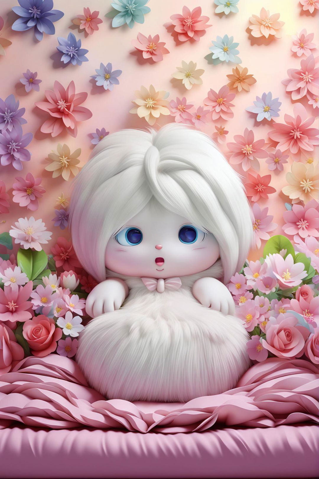 A 3D, high-definition digital art piece featuring Sanrio's Cinnamoroll in a bed surrounded by a sea of blooming flowers