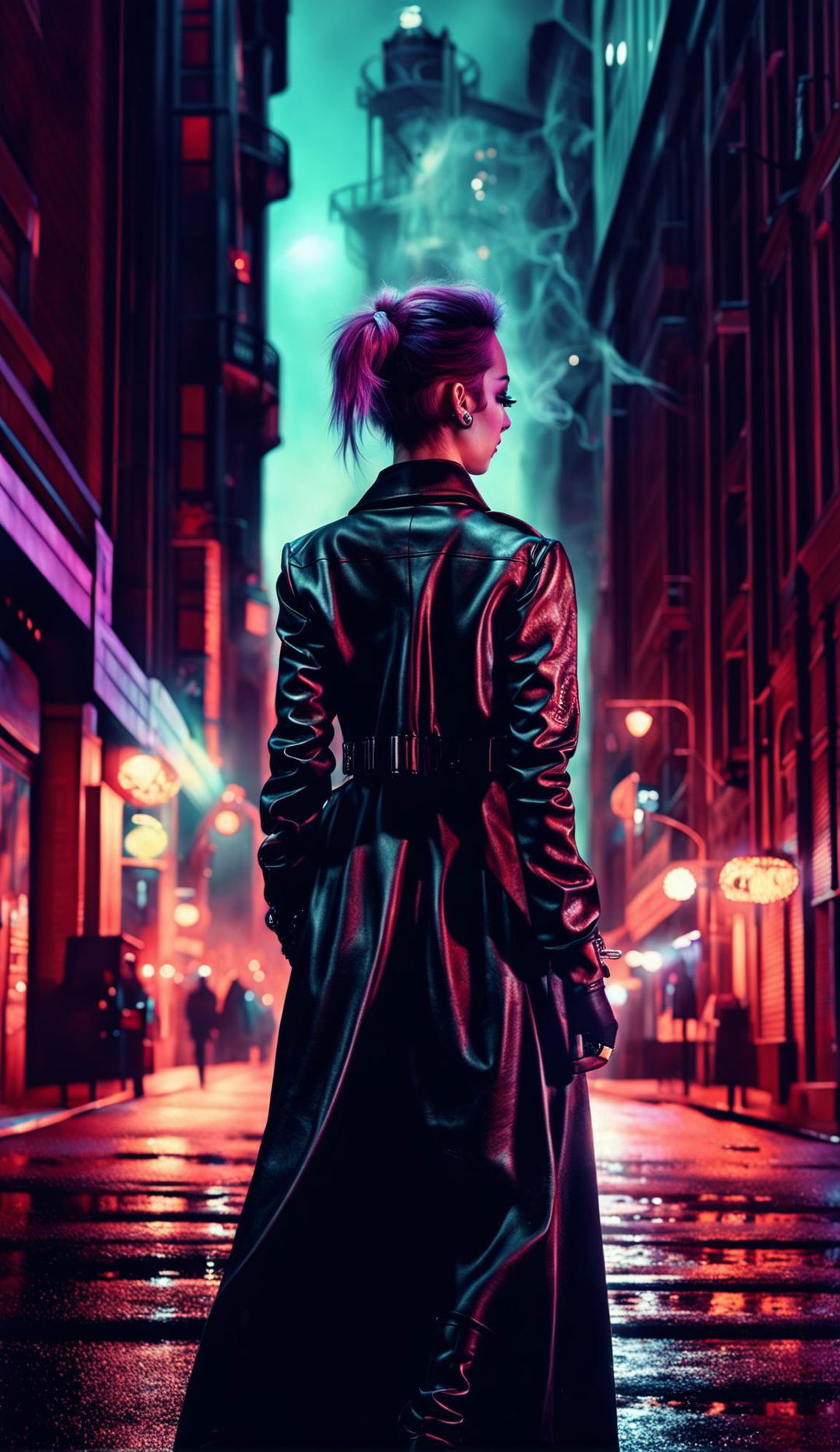 A Ghostpunk world in a hyper-detailed, photorealistic image with cinematic lighting, HDR and HD quality. A woman smoking a cigarette is seen from the back, walking away slightly out of frame. Rendered with Redshift, it's a fine art digital piece reminiscent of Mark Molnar's mystical works. Ghostly figures in punk attire populate this Gothic-futuristic cityscape under a neon-lit night sky.