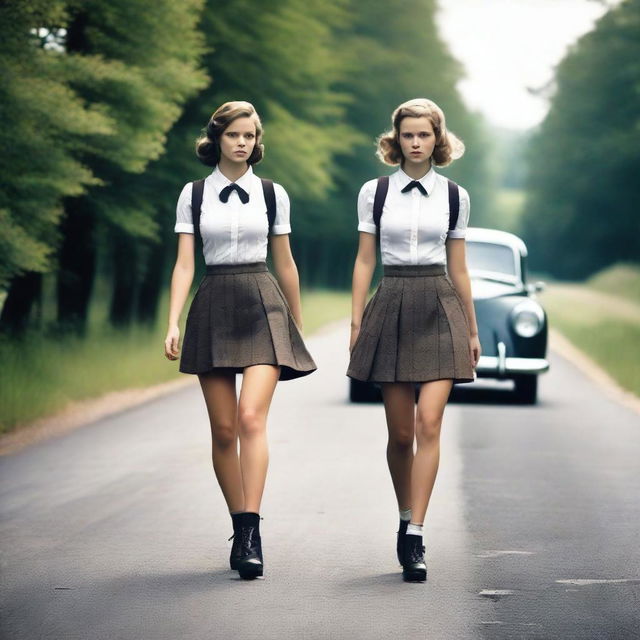 A 4k, hyper-realistic photograph capturing two attractive women in schoolgirl outfits, hitchhiking down a dark country road