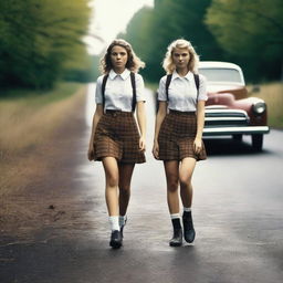 A 4k, hyper-realistic photograph capturing two attractive women in schoolgirl outfits, hitchhiking down a dark country road