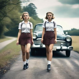 A 4k, hyper-realistic photograph capturing two attractive women in schoolgirl outfits, hitchhiking down a dark country road