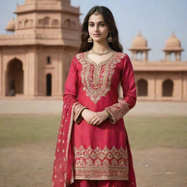 A British girl dressed in a traditional Indian salwar suit, displaying a fusion of culture.