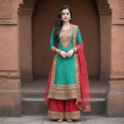 A British girl dressed in a traditional Indian salwar suit, displaying a fusion of culture.