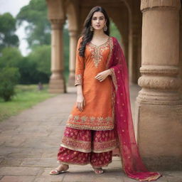 A British girl dressed in a traditional Indian salwar suit, displaying a fusion of culture.