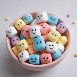 A colorful and cute marshmallow in the style of Disney Pixar, nestled in a bowl