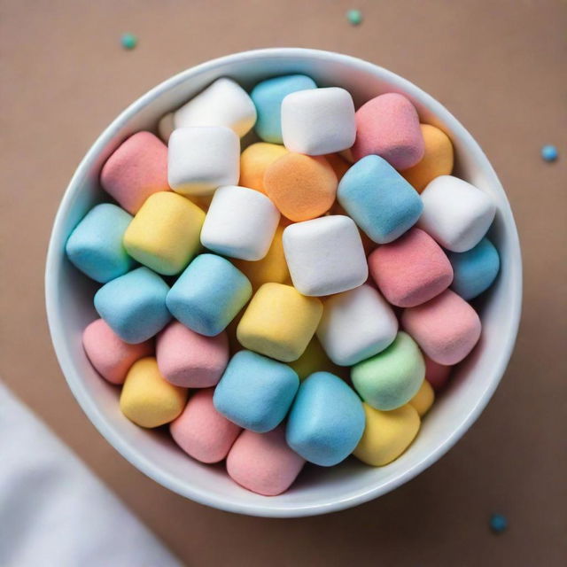 A colorful and cute marshmallow in the style of Disney Pixar, nestled in a bowl