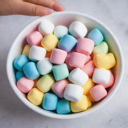 A colorful and cute marshmallow in the style of Disney Pixar, nestled in a bowl