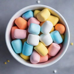 A colorful and cute marshmallow in the style of Disney Pixar, nestled in a bowl