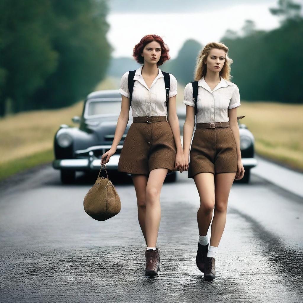 A 4k, hyper-realistic photograph portraying two attractive hitchhikers in their mid-20s, donned in schoolgirl outfits on a dark country road