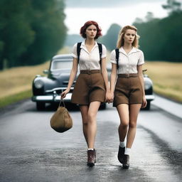 A 4k, hyper-realistic photograph portraying two attractive hitchhikers in their mid-20s, donned in schoolgirl outfits on a dark country road