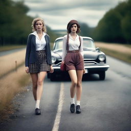 A 4k, hyper-realistic photograph portraying two attractive hitchhikers in their mid-20s, donned in schoolgirl outfits on a dark country road