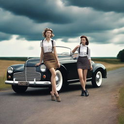 A 4k, hyper-realistic photograph portraying two attractive hitchhikers in their mid-20s, donned in schoolgirl outfits on a dark country road