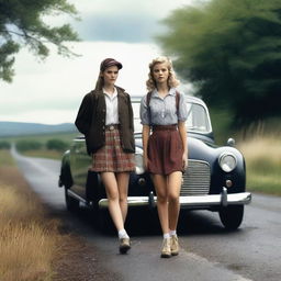 A 4k, hyper-realistic photograph portraying two attractive hitchhikers in their mid-20s, donned in schoolgirl outfits on a dark country road