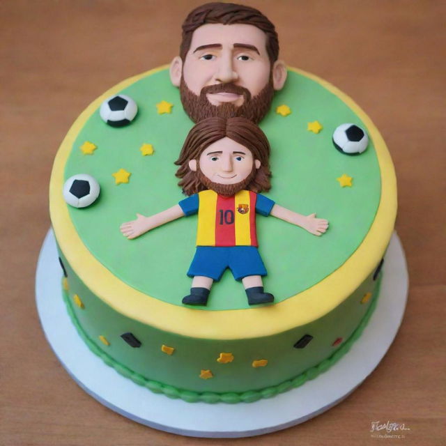 A birthday cake design featuring elements representing the recipient's favorite singer, Abi, soccer player Messi, wealth and tranquility.