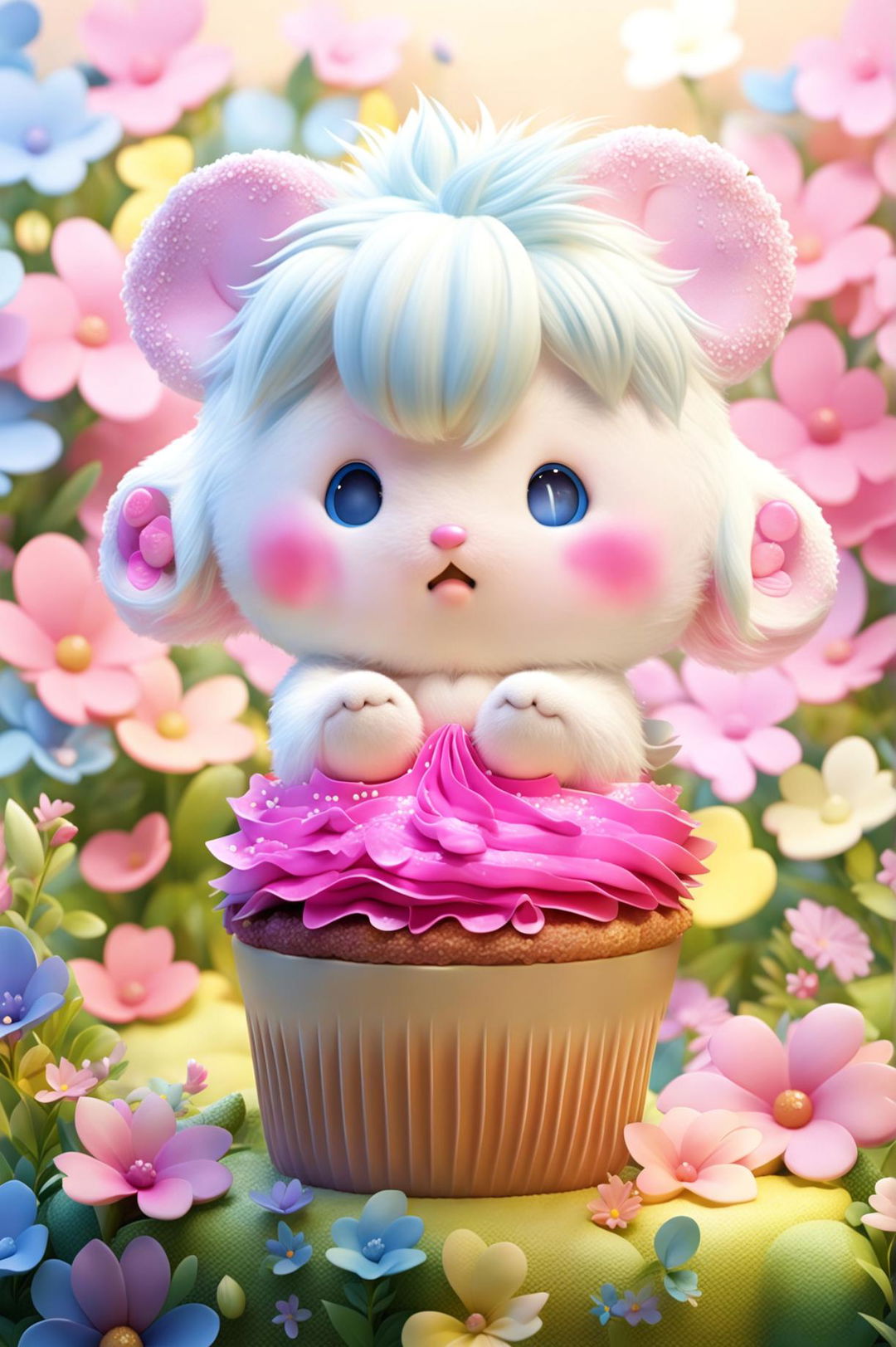 This is a cute, high-quality digital art image featuring Cinnamoroll, the Sanrio character, playfully sitting on a pastel-colored cupcake, surrounded by a field of soft-hued flowers