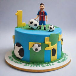 A birthday cake design featuring elements representing the recipient's favorite singer, Abi, soccer player Messi, wealth and tranquility.