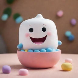 A Disney Pixar-style character in the form of a colorful and cute marshmallow sitting in a bowl