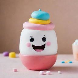 A Disney Pixar-style character in the form of a colorful and cute marshmallow sitting in a bowl