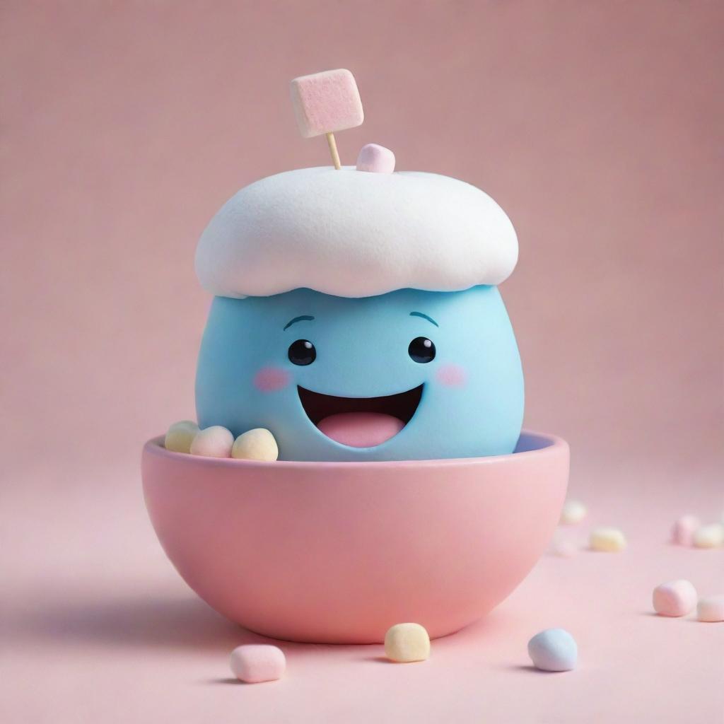 A Disney Pixar-style character in the form of a colorful and cute marshmallow sitting in a bowl