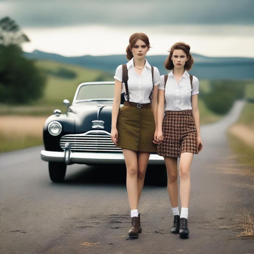 A 4k, photo-realistic image showcasing two attractive hitchhikers in their mid-20s, fully clothed in schoolgirl outfits, standing on a dark country road