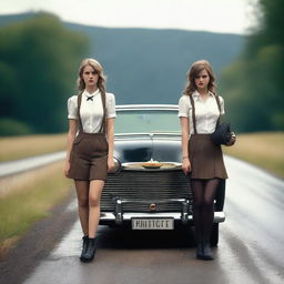 A 4k, photo-realistic image showcasing two attractive hitchhikers in their mid-20s, fully clothed in schoolgirl outfits, standing on a dark country road