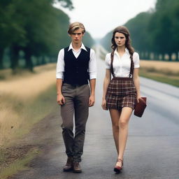 A 4k, photo-realistic image showcasing two attractive hitchhikers in their mid-20s, fully clothed in schoolgirl outfits, standing on a dark country road