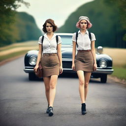 A 4k, photo-realistic image showcasing two attractive hitchhikers in their mid-20s, fully clothed in schoolgirl outfits, standing on a dark country road