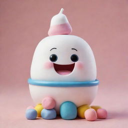 A Disney Pixar-style character in the form of a colorful and cute marshmallow sitting in a bowl