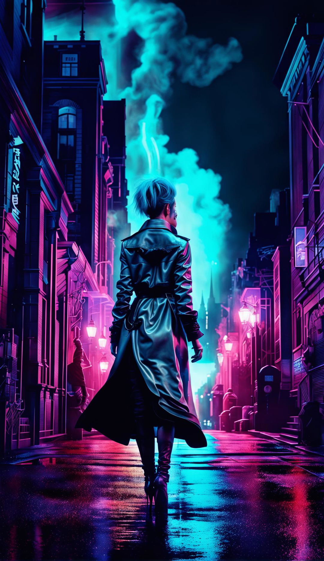 A Ghostpunk world in a hyper-detailed, photorealistic image with cinematic lighting, HDR and HD quality. A woman smoking a cigarette is seen from the back, walking off into the distance slightly out of frame. Rendered with Redshift, it's a fine art digital piece reminiscent of Mark Molnar's mystical works. Ghostly figures in punk attire populate this Gothic-futuristic cityscape under a neon-lit night sky.