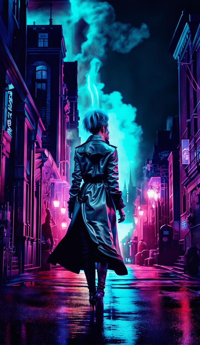 A Ghostpunk world in a hyper-detailed, photorealistic image with cinematic lighting, HDR and HD quality. A woman smoking a cigarette is seen from the back, walking off into the distance slightly out of frame. Rendered with Redshift, it's a fine art digital piece reminiscent of Mark Molnar's mystical works. Ghostly figures in punk attire populate this Gothic-futuristic cityscape under a neon-lit night sky.