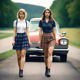 A 4k, photo-realistic image capturing two attractive hitchhikers in their mid-20s, dressed in sexy schoolgirl outfits, on a dark country road