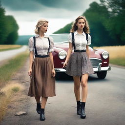 A 4k, photo-realistic image capturing two attractive hitchhikers in their mid-20s, dressed in sexy schoolgirl outfits, on a dark country road