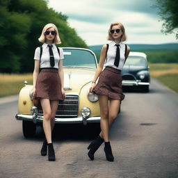 A 4k, photo-realistic image capturing two attractive hitchhikers in their mid-20s, dressed in sexy schoolgirl outfits, on a dark country road