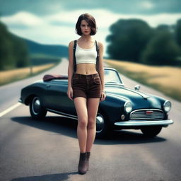 A 4k, photo-realistic image presents an attractive woman hitchhiker in her mid-20s, her full body revealing a schoolgirl outfit, standing alone on a dark country road