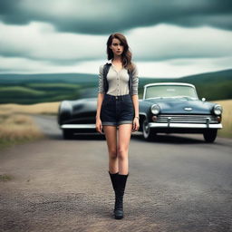 A 4k, photo-realistic image presents an attractive woman hitchhiker in her mid-20s, her full body revealing a schoolgirl outfit, standing alone on a dark country road