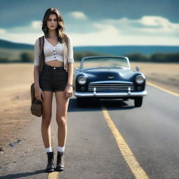 A 4k, photo-realistic image presents an attractive woman hitchhiker in her mid-20s, her full body revealing a schoolgirl outfit, standing alone on a dark country road