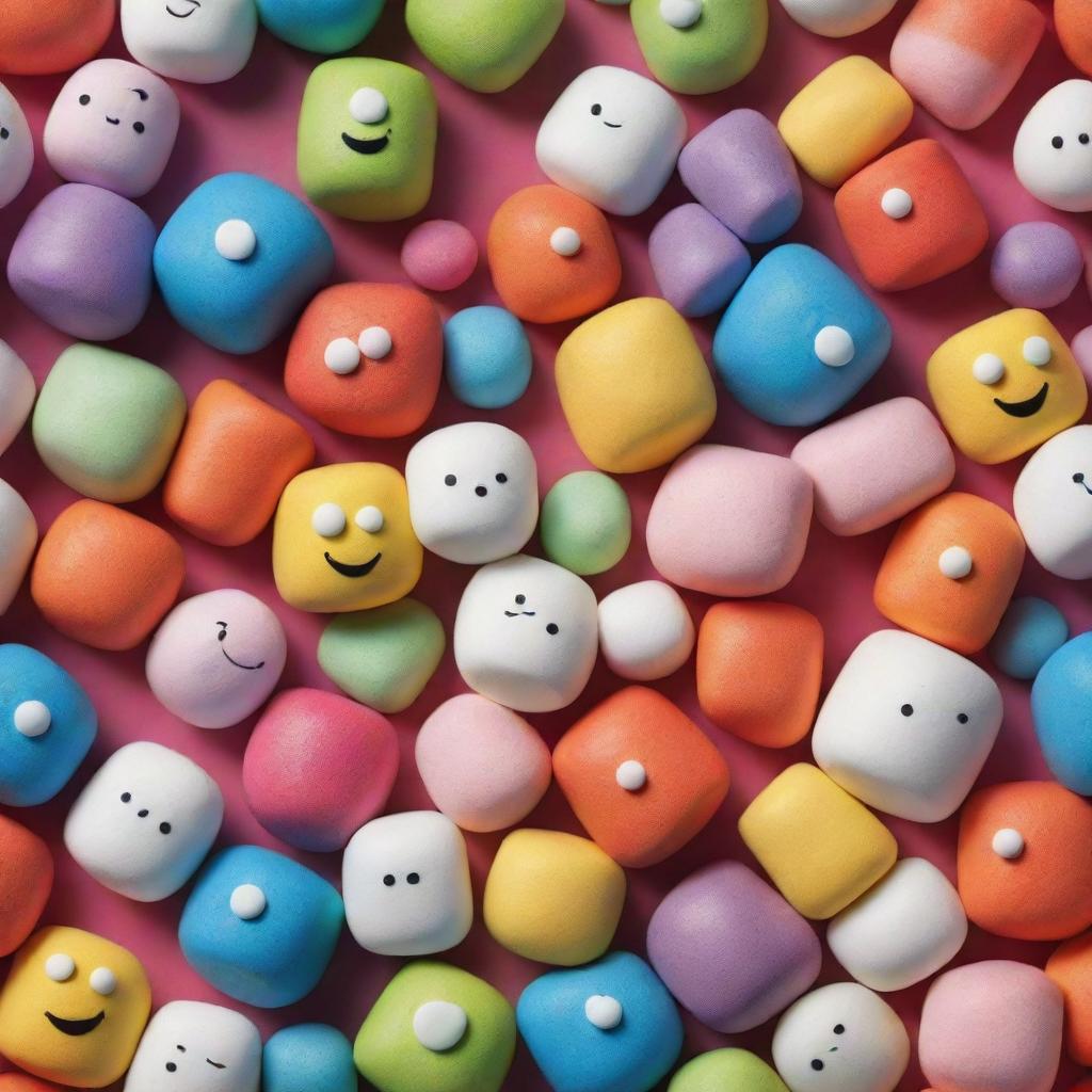 A vibrant, repeating pattern featuring Disney Pixar-style characters represented as bright, colorful marshmallows