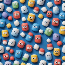 A vibrant, repeating pattern featuring Disney Pixar-style characters represented as bright, colorful marshmallows