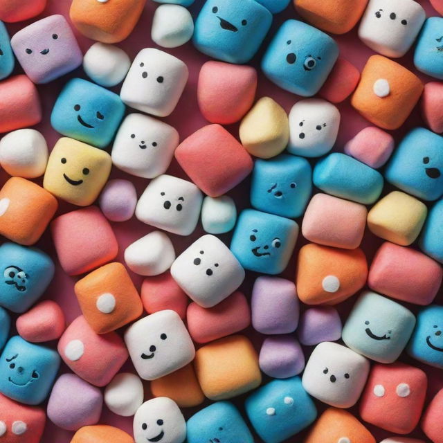 A vibrant, repeating pattern featuring Disney Pixar-style characters represented as bright, colorful marshmallows