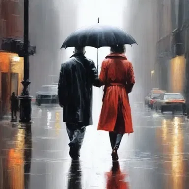 The artist painted a beautiful scene of a woman walking with her gamp on a rainy day.