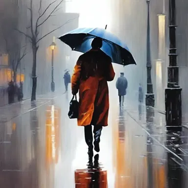 The artist painted a beautiful scene of a woman walking with her gamp on a rainy day.
