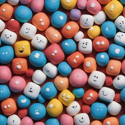 A vibrant, repeating pattern featuring Disney Pixar-style characters represented as bright, colorful marshmallows